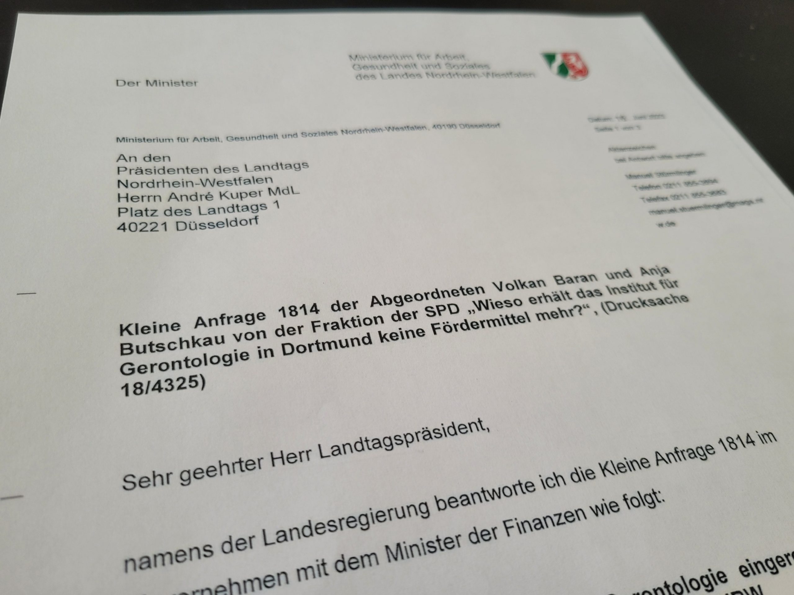 Kleine Anfrage Anja Butschkau Volkan Baran Institut für Gerontologie Dortmund Eving